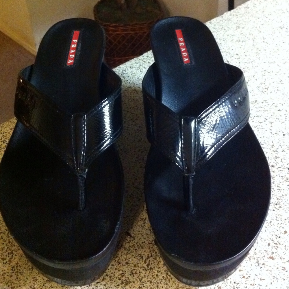 Prada Black Leather Wedge Sandals Size 7.5
